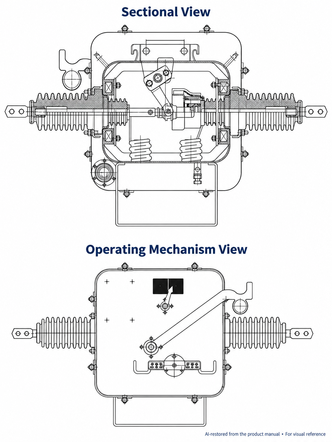 AI-restored LW6-12 SF6 circuit breaker drawing showing a sectional view and the external operating mechanism.